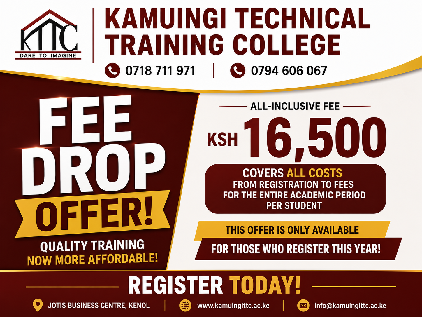 KTTC Announces Special Fee Drop Offer. Study for Only KSh 16,500